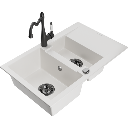Mexen Gaspar 1.5-compartment granite sink with a drip tray and kitchen mixer tap Carla, White - 6507-20-670700-70
