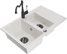 Mexen Gaspar 1.5-compartment granite sink with a drip tray and kitchen mixer tap Carla, White - 6507-20-670700-70
