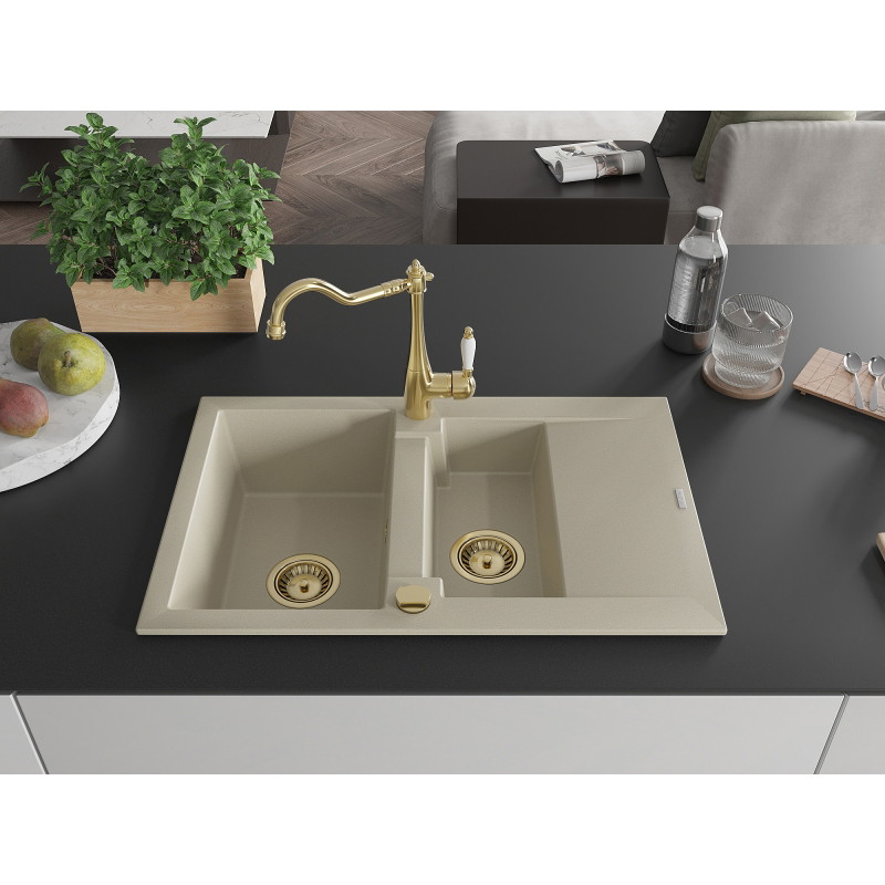 Mexen Gaspar granite kitchen sink 1.5-bowl with drainer and Carla faucet, beige - 6507-69-670700-50