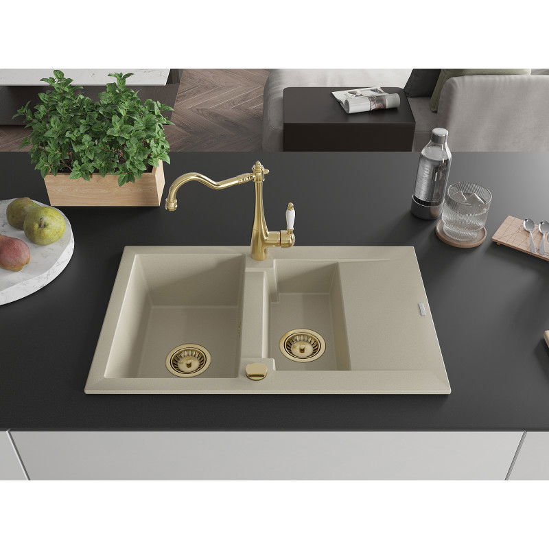 Mexen Gaspar granite sink 1.5-bowl with drainer and Carla kitchen tap, beige - 6507-69-670700-50