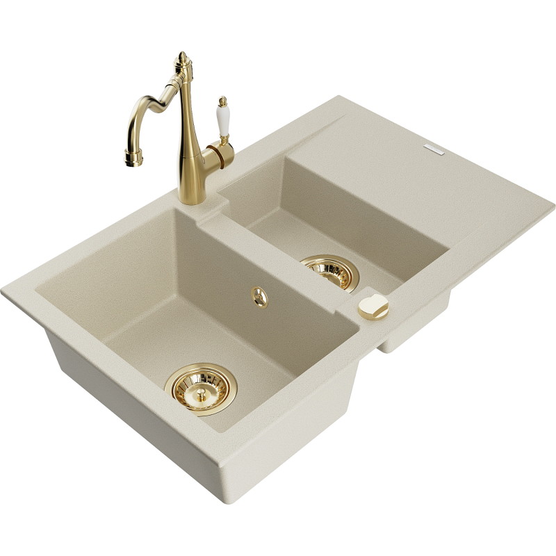 Mexen Gaspar 1.5-bowl granite sink with drainer and kitchen faucet Carla, beige - 6507-69-670700-50