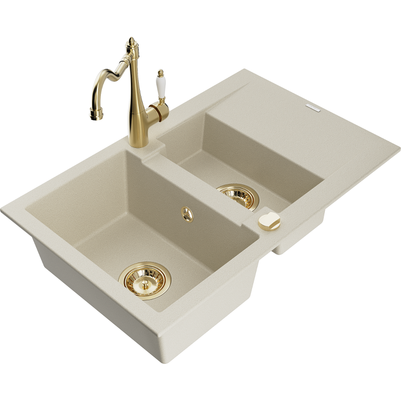 Mexen Gaspar 1.5-compartment granite sink with a drip tray and kitchen mixer tap Carla, Beige - 6507-69-670700-50