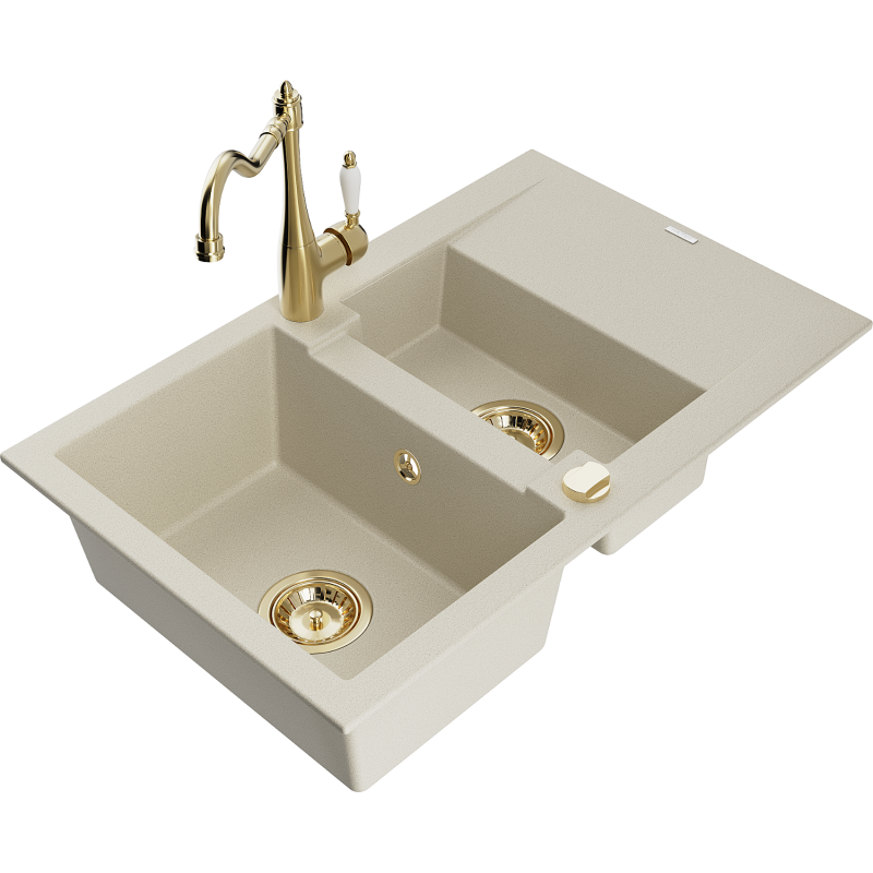 Mexen Gaspar granite sink 1.5-bowl with drainer and Carla kitchen tap, beige - 6507-69-670700-50