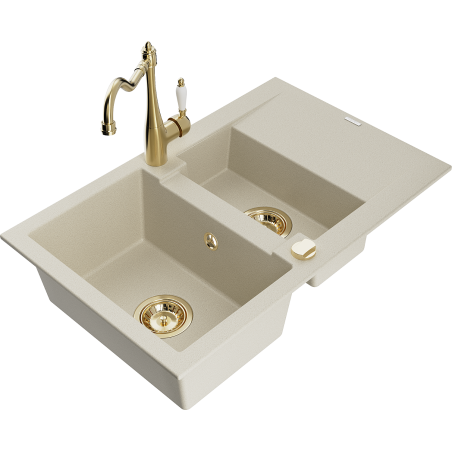 Mexen Gaspar 1.5-compartment granite sink with a drip tray and kitchen mixer tap Carla, Beige - 6507-69-670700-50
