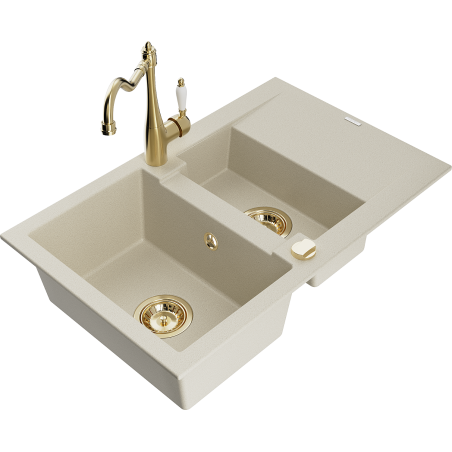 Mexen Gaspar granite sink 1.5-bowl with drainer and Carla kitchen tap, beige - 6507-69-670700-50