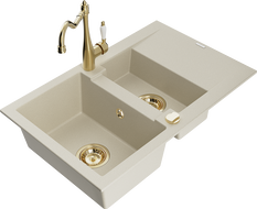 Mexen Gaspar granite kitchen sink 1.5-bowl with drainer and Carla faucet, beige - 6507-69-670700-50