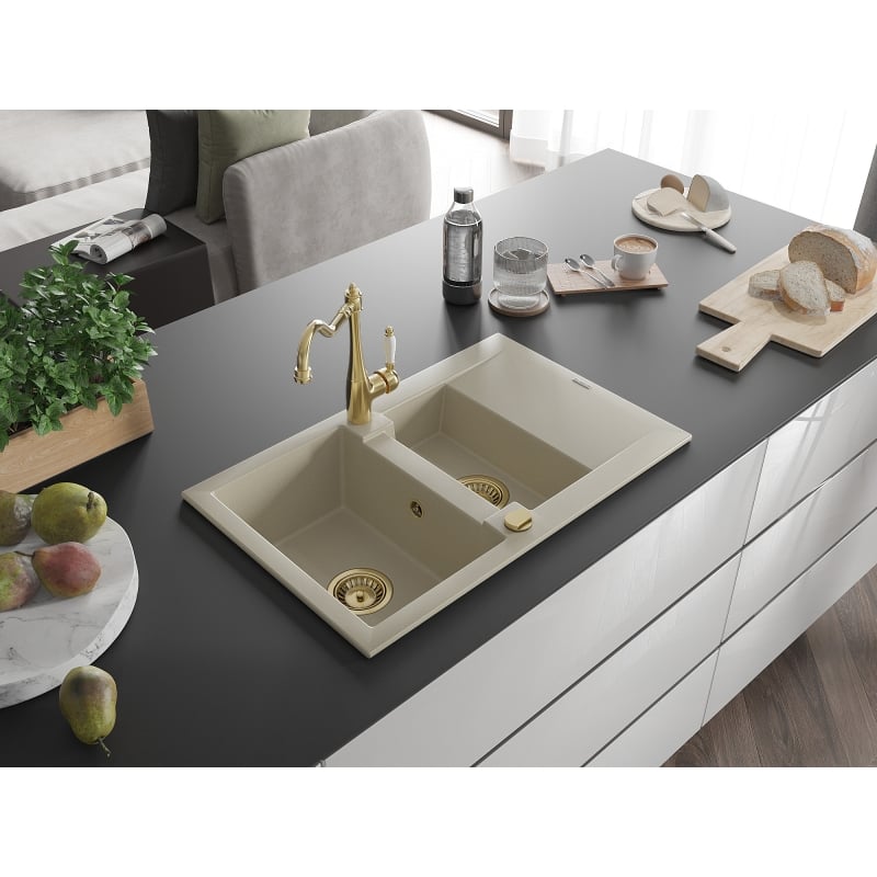 Mexen Gaspar 1.5-bowl granite sink with drainer and kitchen faucet Carla, beige - 6507-69-670700-50