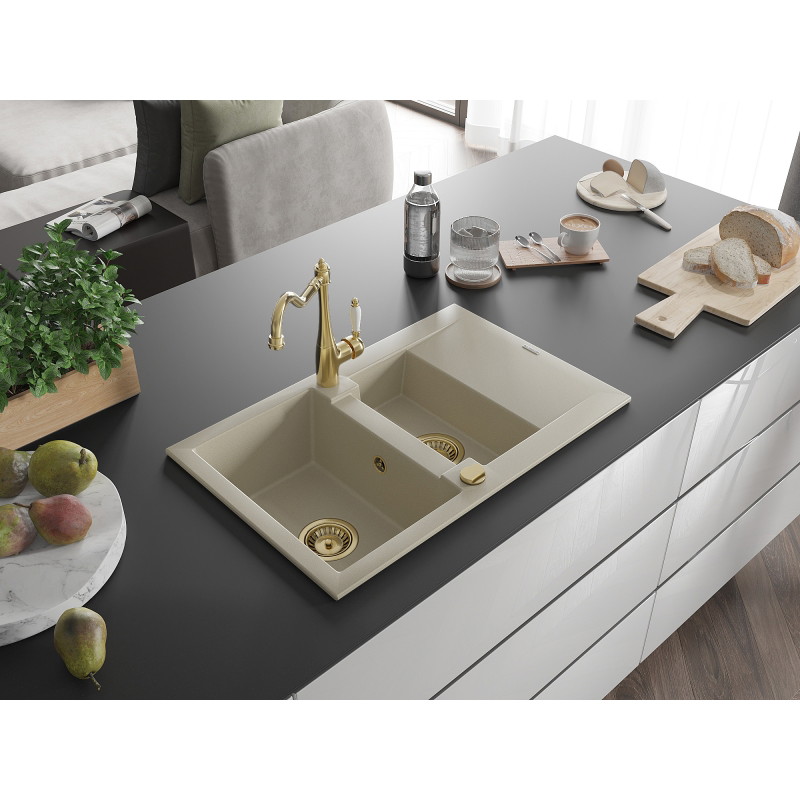 Mexen Gaspar granite kitchen sink 1.5-bowl with drainer and Carla faucet, beige - 6507-69-670700-50