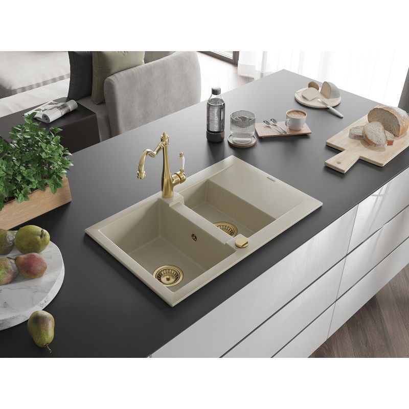 Mexen Gaspar granite sink 1.5-bowl with drainer and Carla kitchen tap, beige - 6507-69-670700-50