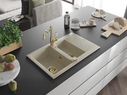 Mexen Gaspar granite sink 1.5-bowl with drainer and Carla kitchen tap, beige - 6507-69-670700-50