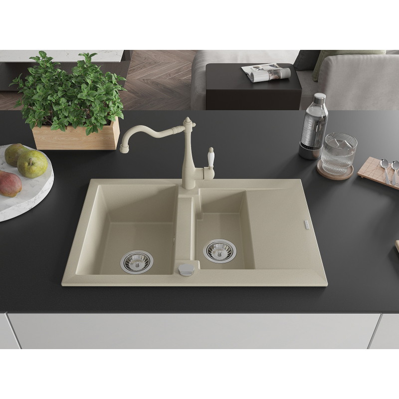 Mexen Gaspar granite kitchen sink 1.5-bowl with drainer and kitchen faucet Carla, beige - 6507-69-670700-69