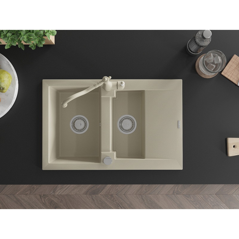 Mexen Gaspar 1.5-bowl granite sink with drainer and kitchen faucet Carla, beige - 6507-69-670700-69