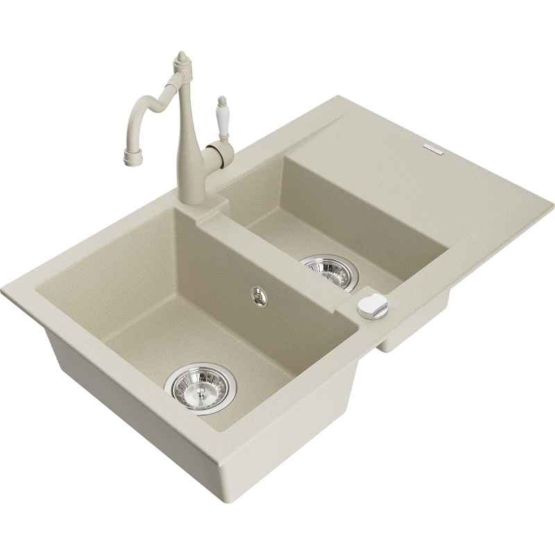 Mexen Gaspar 1.5-bowl granite sink with drainer and Carla kitchen tap, beige - 6507-69-670700-69