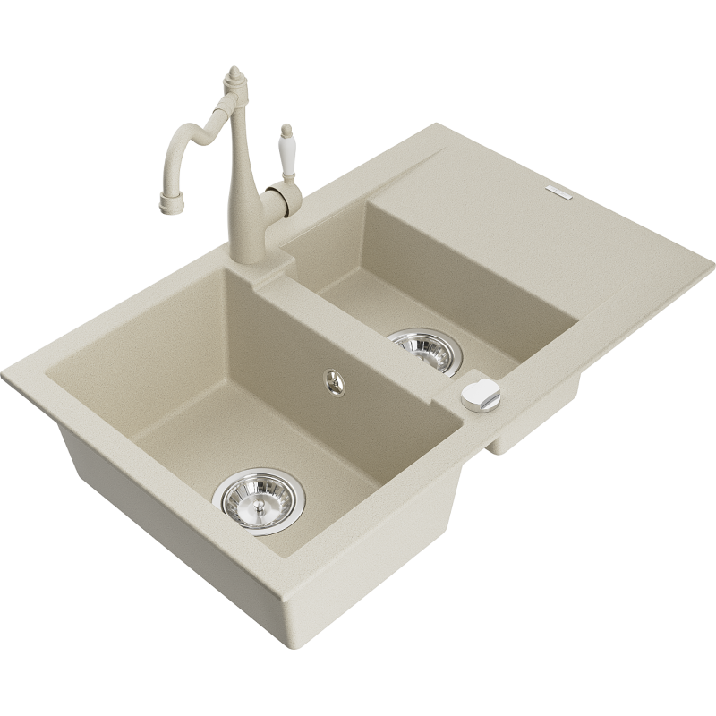 Mexen Gaspar 1.5-compartment granite sink with a drip tray and kitchen mixer tap Carla, Beige - 6507-69-670700-69