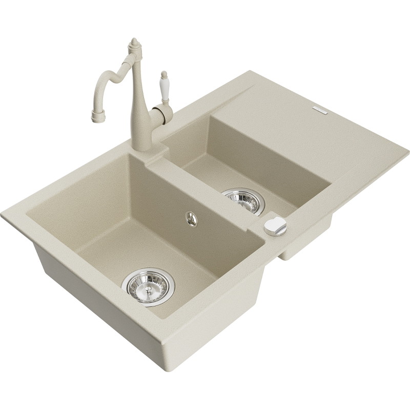 Mexen Gaspar granite kitchen sink 1.5-bowl with drainer and kitchen faucet Carla, beige - 6507-69-670700-69