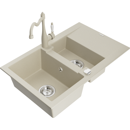 Mexen Gaspar 1.5-bowl granite sink with drainer and Carla kitchen tap, beige - 6507-69-670700-69