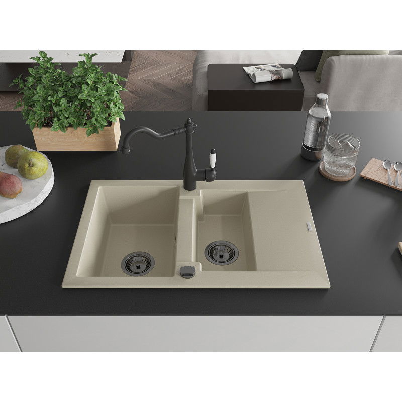 Mexen Gaspar 1.5-bowl granite sink with drainer and Carla kitchen tap, beige - 6507-69-670700-70