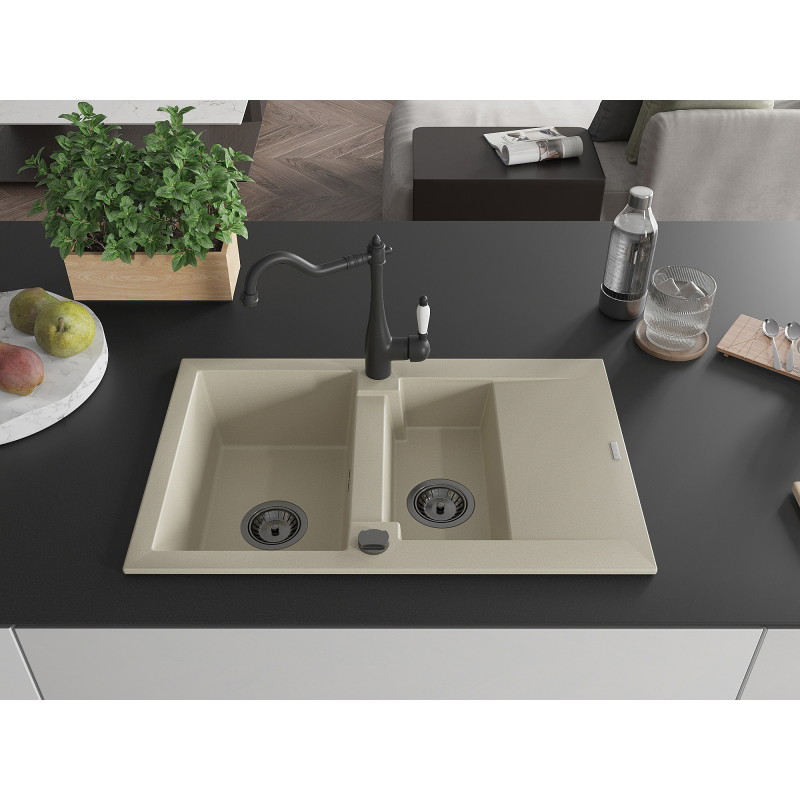 Mexen Gaspar granite sink 1.5-bowl with drainer and kitchen faucet Carla, beige - 6507-69-670700-70