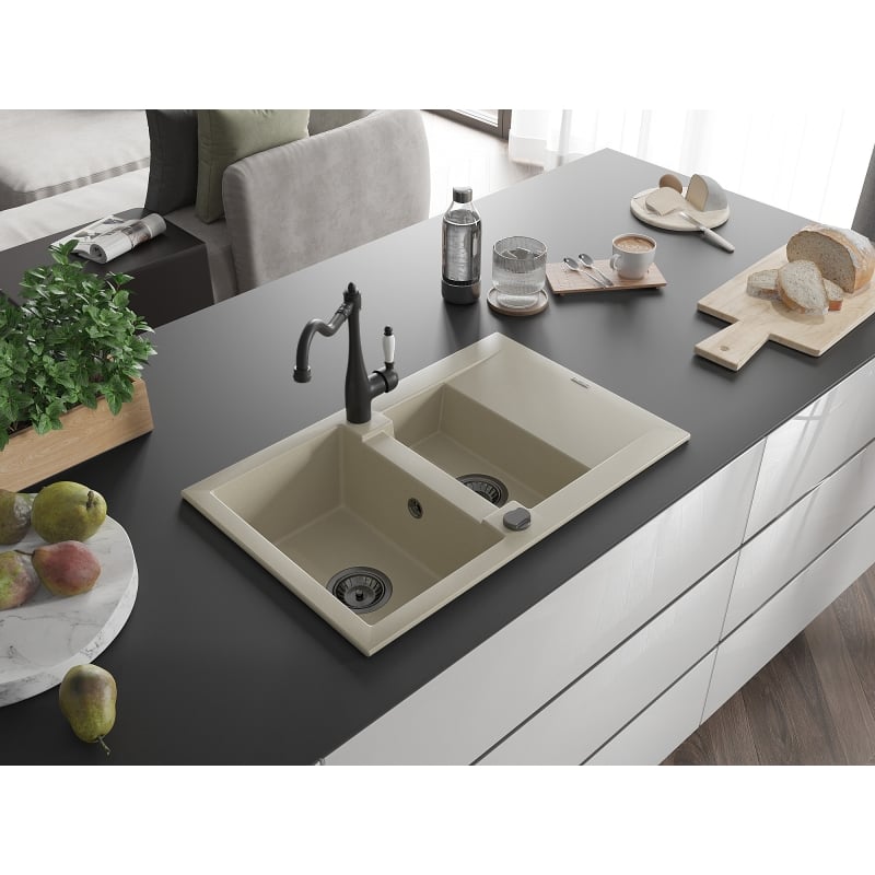 Mexen Gaspar 1.5-bowl Granite Sink with Drainer and Carla Kitchen Faucet, Beige - 6507-69-670700-70