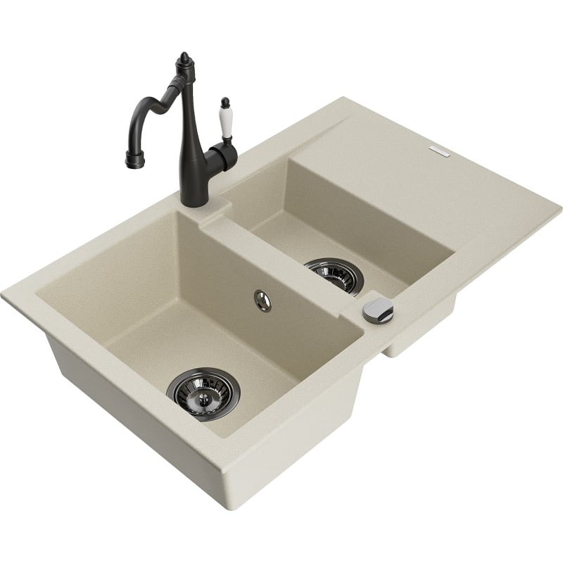 Mexen Gaspar 1.5-bowl Granite Sink with Drainer and Carla Kitchen Faucet, Beige - 6507-69-670700-70