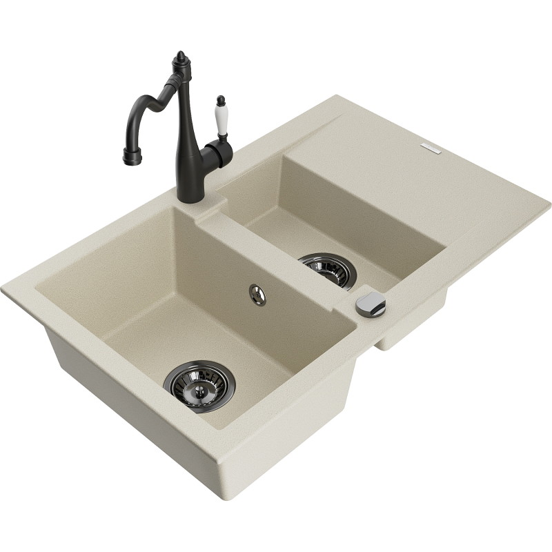 Mexen Gaspar granite sink 1.5-bowl with drainer and kitchen faucet Carla, beige - 6507-69-670700-70