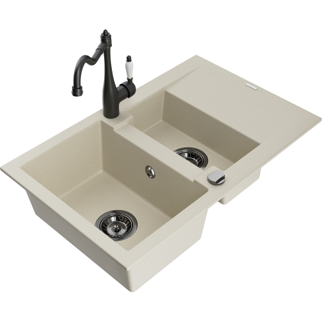 Mexen Gaspar 1.5-bowl Granite Sink with Drainer and Carla Kitchen Faucet, Beige - 6507-69-670700-70