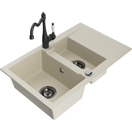 Mexen Gaspar 1.5-bowl granite sink with drainer and Carla kitchen tap, beige - 6507-69-670700-70
