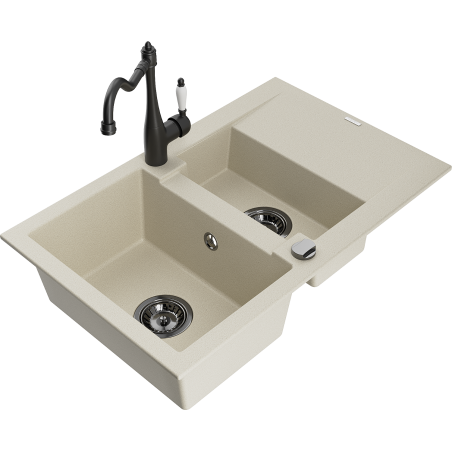 Mexen Gaspar granite sink 1.5-bowl with drainer and kitchen faucet Carla, beige - 6507-69-670700-70