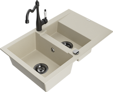 Mexen Gaspar granite sink 1.5-bowl with drainer and kitchen faucet Carla, beige - 6507-69-670700-70