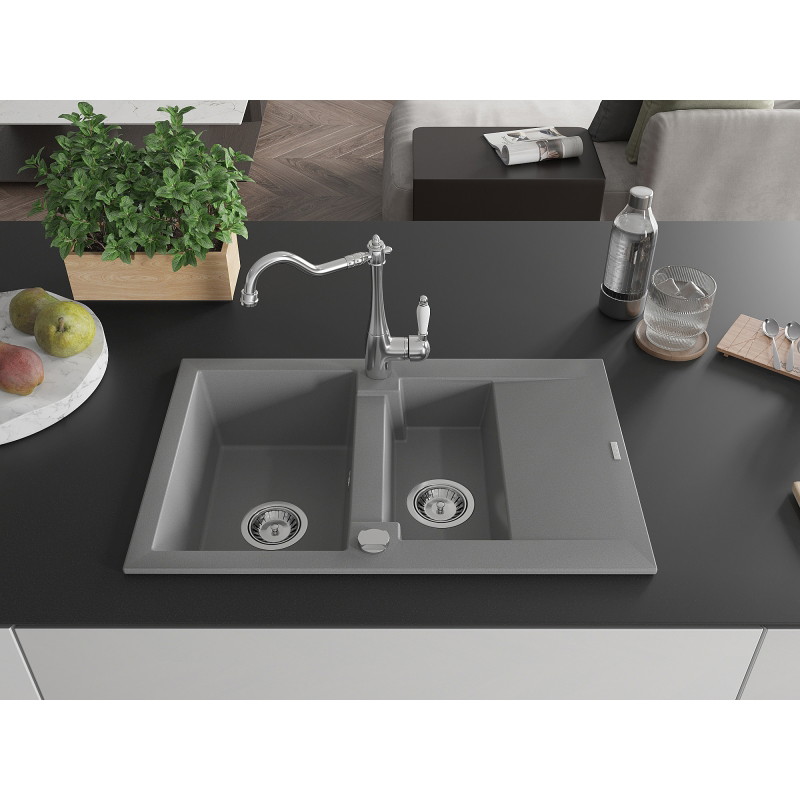 Mexen Gaspar granite sink 1.5-bowl with drainer and Carla kitchen faucet, gray - 6507-71-670700-00