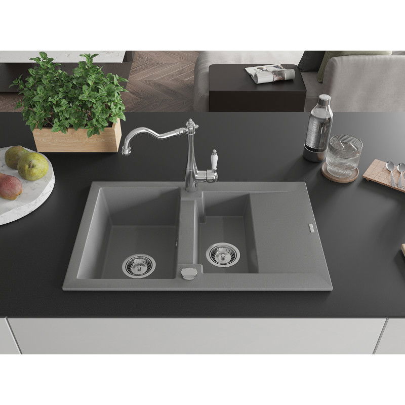 Mexen Gaspar Granite Sink 1.5-Bowl with Drainer and Carla Kitchen Tap, Grey - 6507-71-670700-00