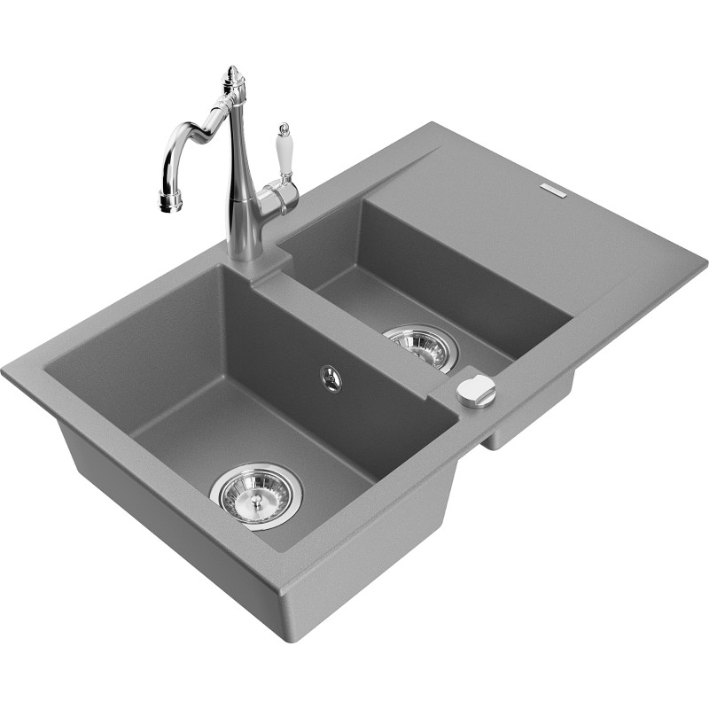 Mexen Gaspar granite kitchen sink 1.5-bowl with drainer and Carla kitchen faucet, gray - 6507-71-670700-00