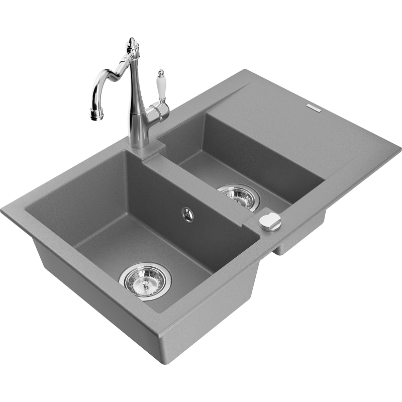 Mexen Gaspar Granite Sink 1.5-Bowl with Drainer and Carla Kitchen Tap, Grey - 6507-71-670700-00