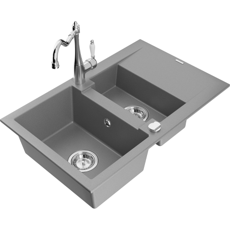 Mexen Gaspar granite kitchen sink 1.5-bowl with drainer and Carla kitchen faucet, gray - 6507-71-670700-00