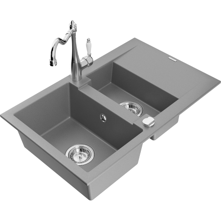 Mexen Gaspar Granite Sink 1.5-Bowl with Drainer and Carla Kitchen Tap, Grey - 6507-71-670700-00