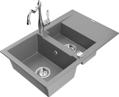 Mexen Gaspar granite sink 1.5-bowl with drainer and Carla kitchen faucet, gray - 6507-71-670700-00