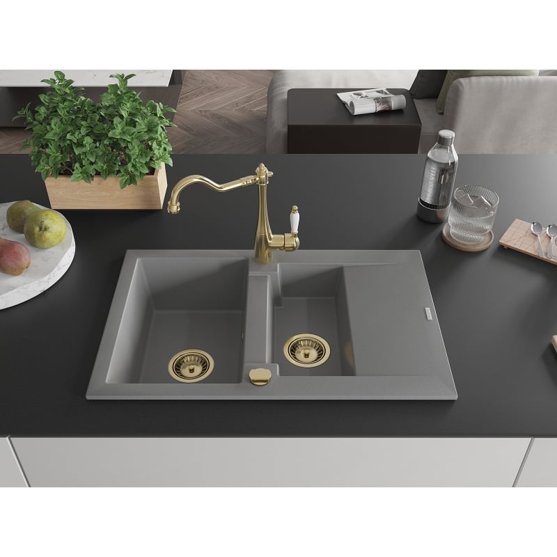 Mexen Gaspar granite sink 1.5-bowl with drainer and kitchen faucet Carla, gray - 6507-71-670700-50