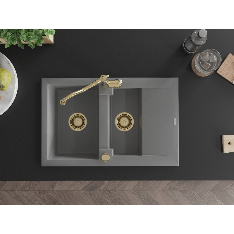 Mexen Gaspar granite sink 1.5-bowl with drainer and kitchen faucet Carla, gray - 6507-71-670700-50