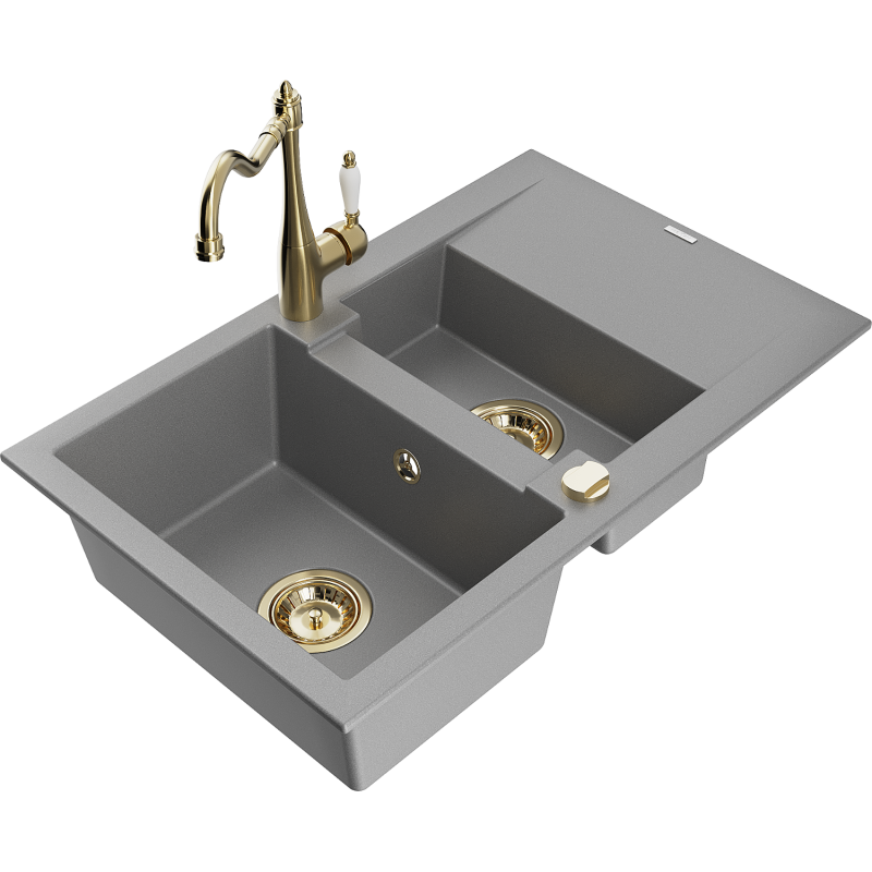 Mexen Gaspar granite sink 1.5-bowl with drainer and Carla kitchen tap, grey - 6507-71-670700-50