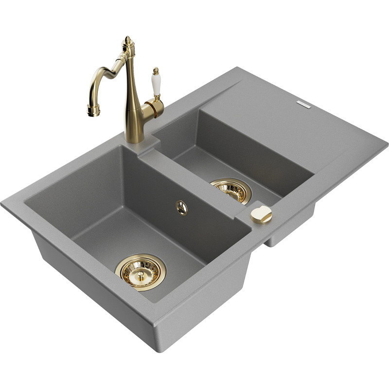 Mexen Gaspar granite sink 1.5-bowl with drainer and kitchen faucet Carla, gray - 6507-71-670700-50