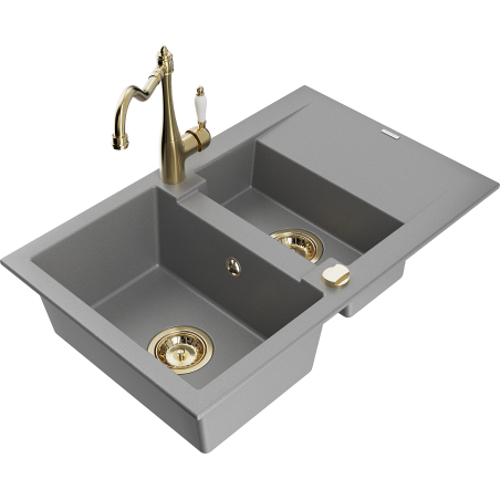 Mexen Gaspar granite sink 1.5-bowl with drainer and Carla kitchen tap, grey - 6507-71-670700-50