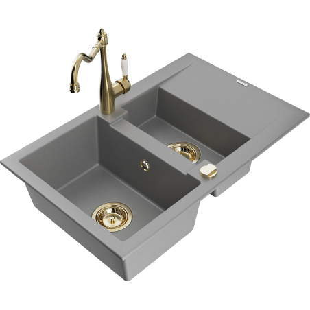 Mexen Gaspar granite sink 1.5-bowl with drainer and kitchen faucet Carla, gray - 6507-71-670700-50