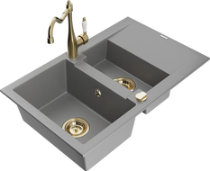 Mexen Gaspar granite sink 1.5-bowl with drainer and kitchen faucet Carla, gray - 6507-71-670700-50