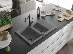 Mexen Gaspar 1.5-compartment granite sink with a drip tray and kitchen mixer tap Carla, Grey - 6507-71-670700-70-B