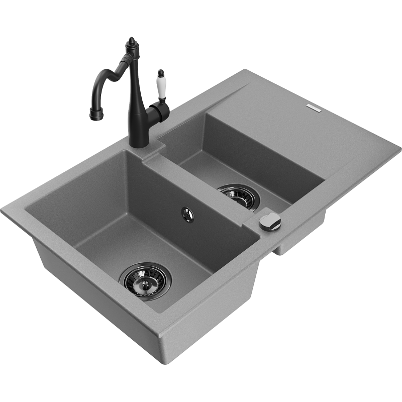Mexen Gaspar granite sink 1.5-bowl with drainer and Carla kitchen tap, grey - 6507-71-670700-70-B