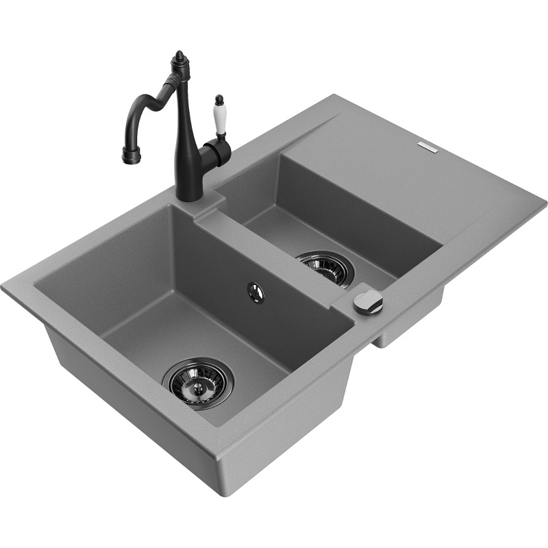 Mexen Gaspar granite sink 1.5-bowl with drainer and kitchen faucet Carla, gray - 6507-71-670700-70-B