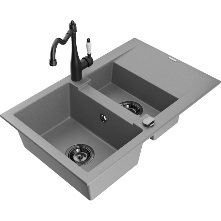Mexen Gaspar 1.5-compartment granite sink with a drip tray and kitchen mixer tap Carla, Grey - 6507-71-670700-70-B