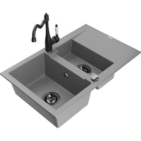 Mexen Gaspar granite sink 1.5-bowl with drainer and Carla kitchen tap, grey - 6507-71-670700-70-B