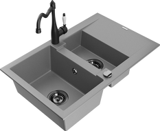 Mexen Gaspar 1.5-compartment granite sink with a drip tray and kitchen mixer tap Carla, Grey - 6507-71-670700-70-B
