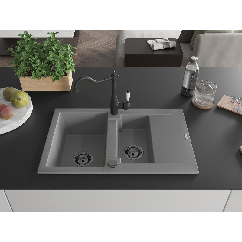 Mexen Gaspar 1.5-bowl granite sink with drainer and Carla kitchen faucet, gray - 6507-71-670700-70-B